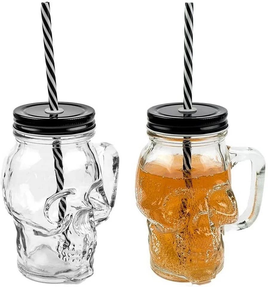 Sinoba Gläser-Set 3D Totenkopf 2-tlg. mit Deckel & Glasstrohhalm 450ml