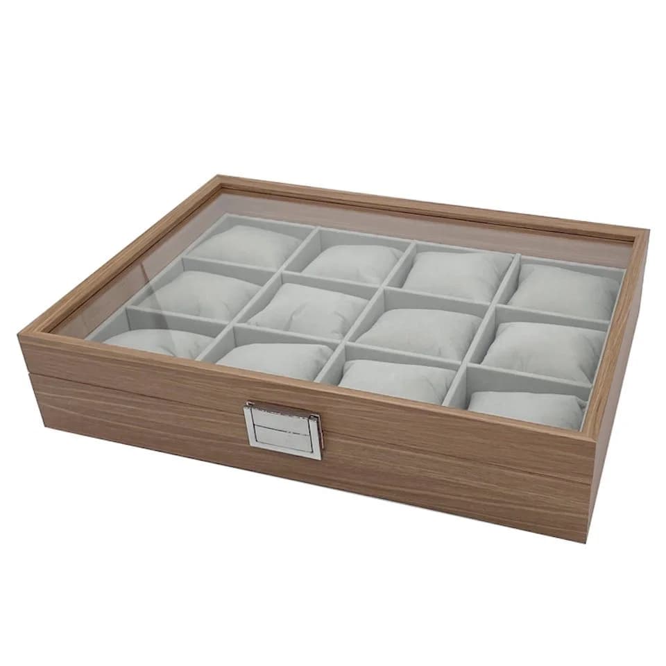 mixed24 Schmuckkasten Holz Uhrenkoffer für 12 Uhren mit Echtglas Deckel