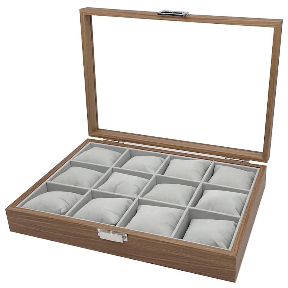 mixed24 Schmuckkasten Holz Uhrenkoffer für 12 Uhren mit Echtglas Deckel - Bild 2