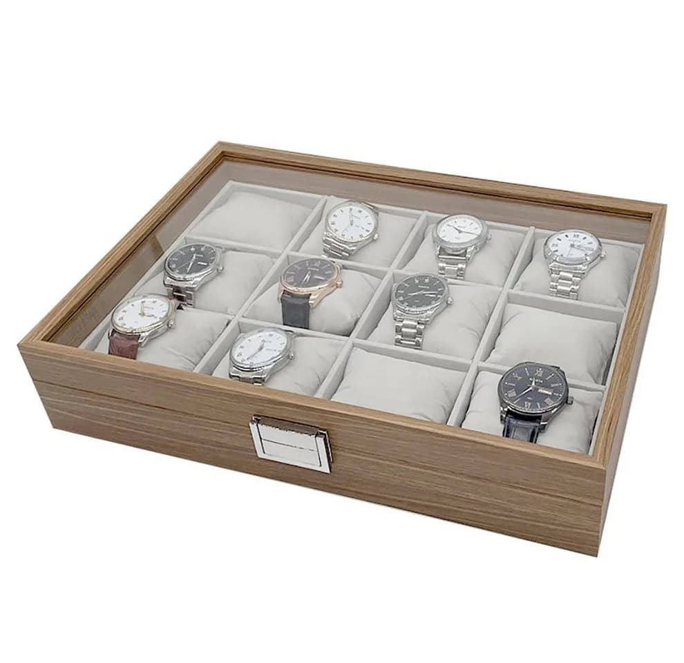 mixed24 Schmuckkasten Holz Uhrenkoffer für 12 Uhren mit Echtglas Deckel - Bild 3