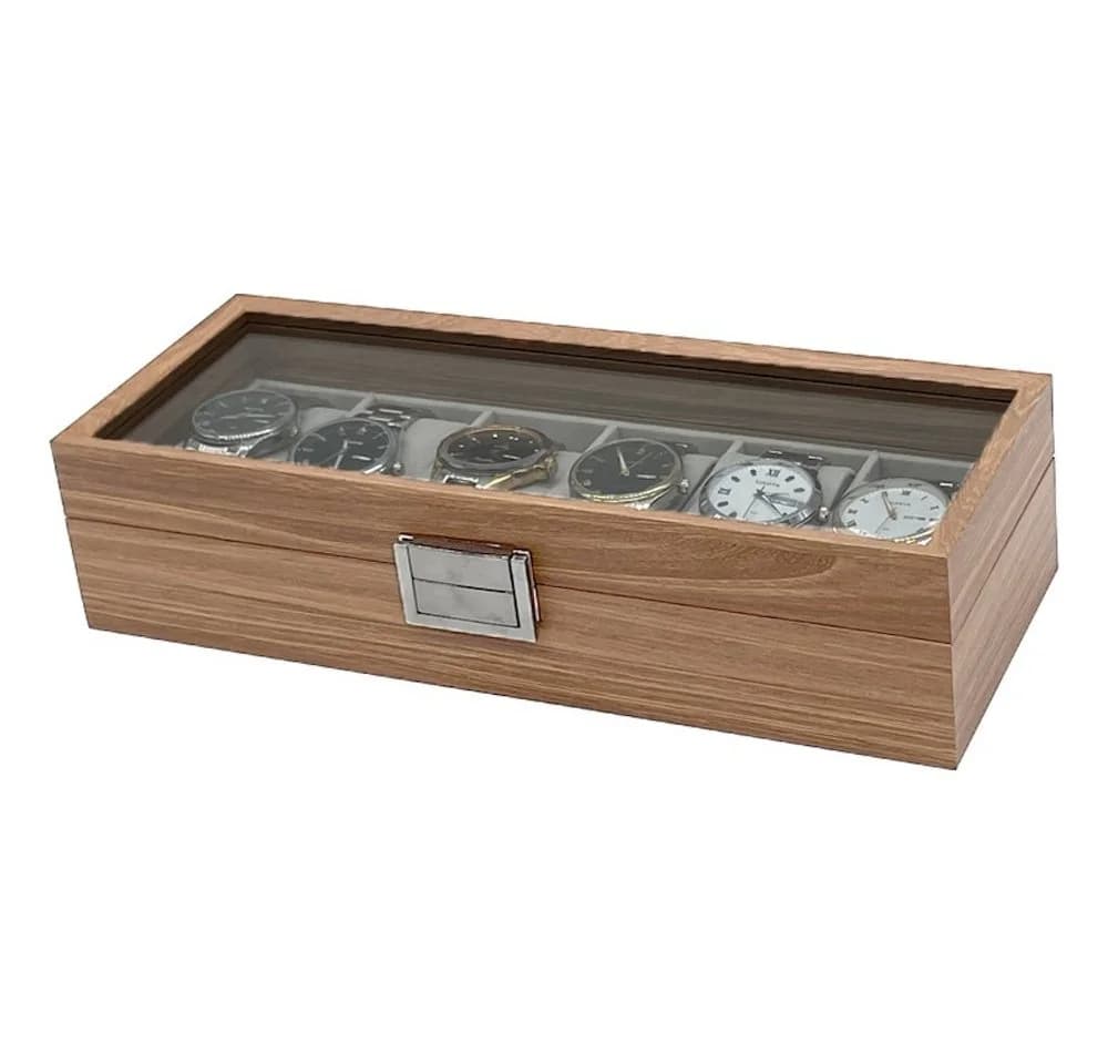 mixed24 Uhrenbox Holz-Optik für 6 Uhren mit Echtglas-Deckel