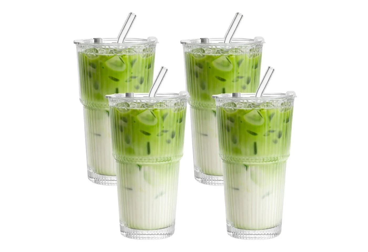 mixed24 Gläser-Set 4er Set Geriffelte Gläser 550ml mit Deckel inkl. Glashalm