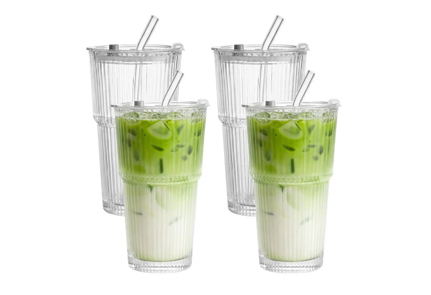 mixed24 Gläser-Set 4er Set Geriffelte Gläser 550ml mit Deckel inkl. Glashalm - Bild 2