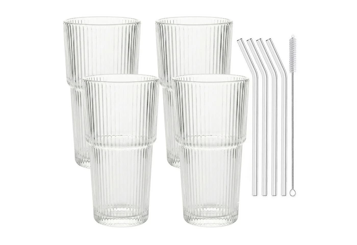mixed24 Gläser-Set 4er Set Geriffelte Gläser 550ml inkl. Glashalm