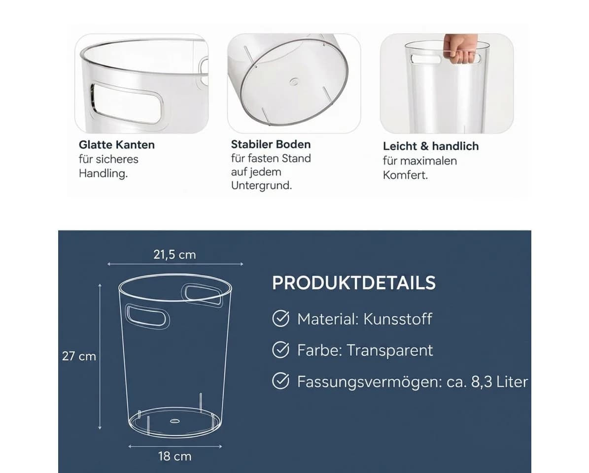 Sinoba Papierkorb 888 Transparent Hochwertiges PET Modern