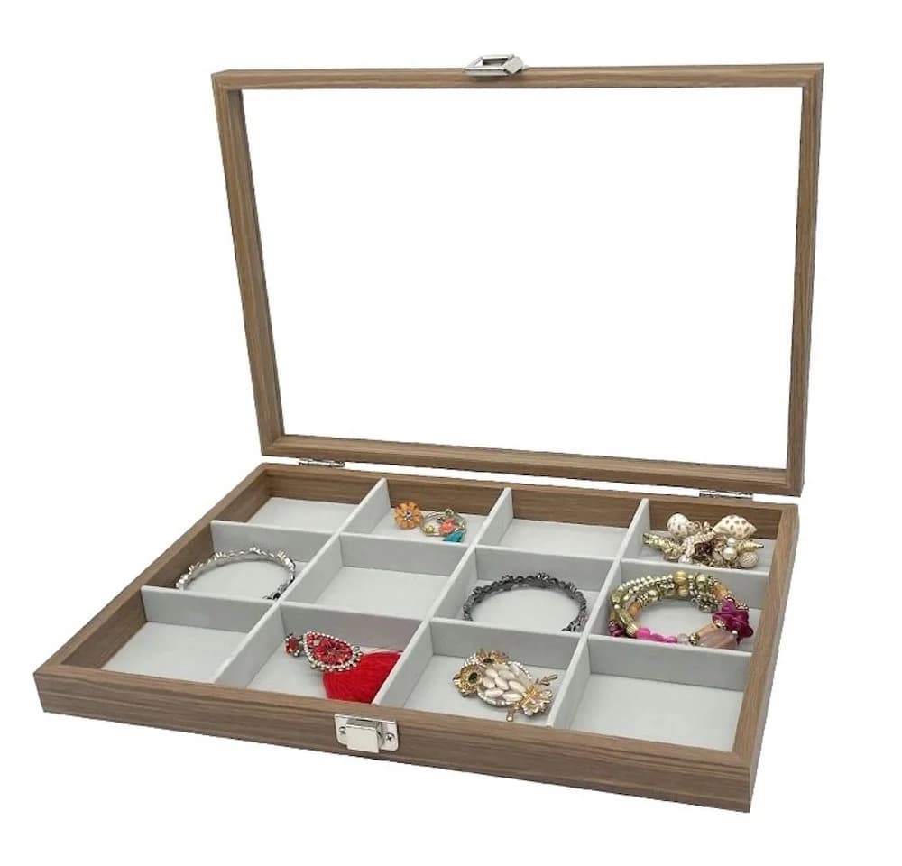 mixed24 Schmuckkasten Holz mit 12 Fächern und Echtglas-Deckel