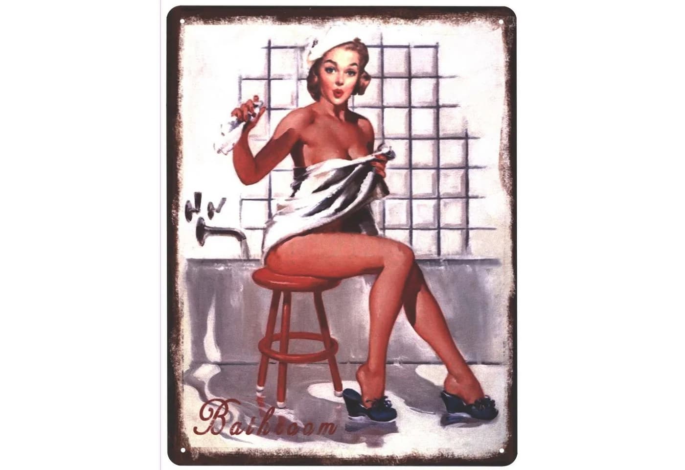 Moritz Vintage Metallschild Bathroom Frau im Handtuch Bunt Retro Deko