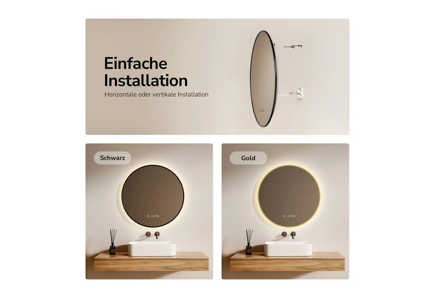 EMKE LED Badspiegel mit Beleuchtung & Touchschalter Schwarz/Gold - Bild 4