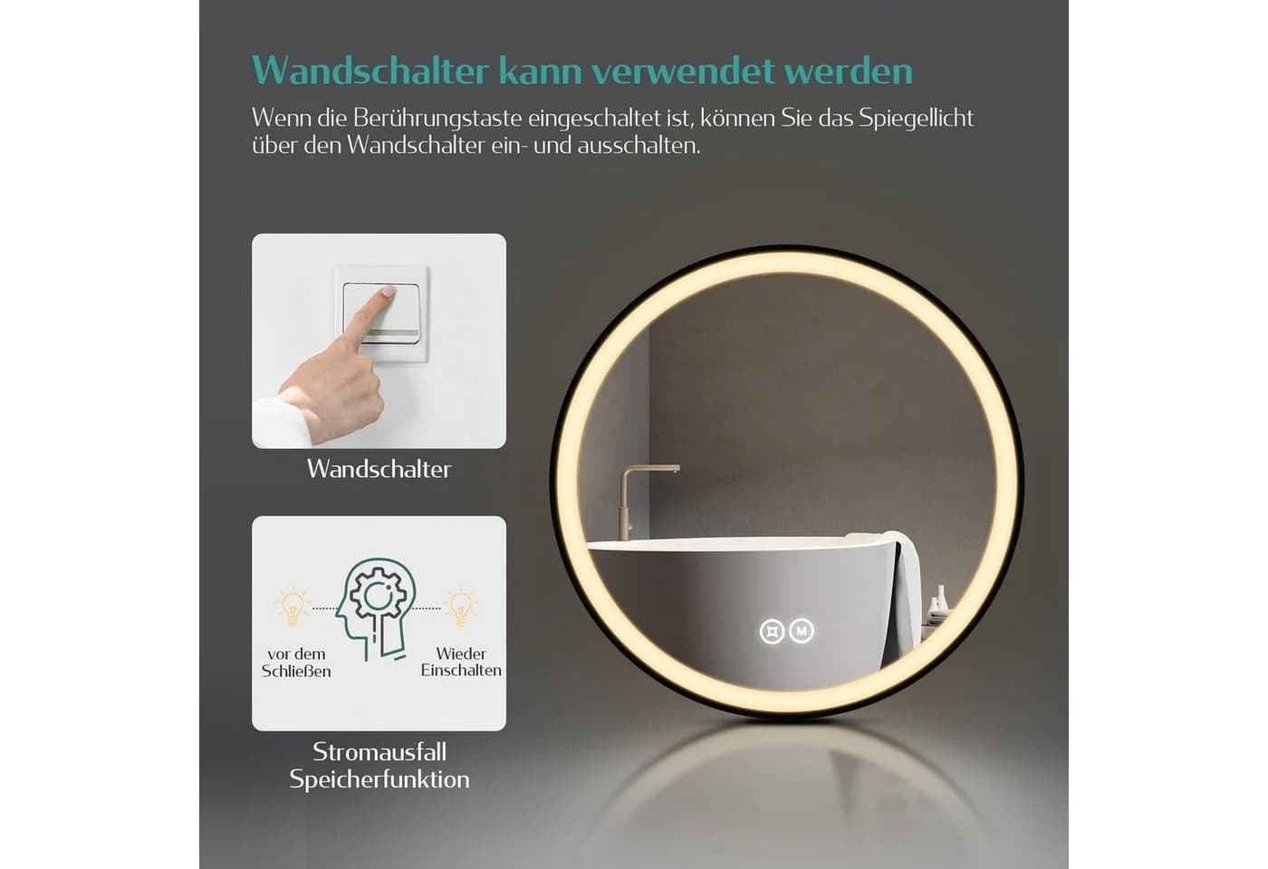 EMKE Badspiegel mit Beleuchtung Schwarz IP44 Touchschalter