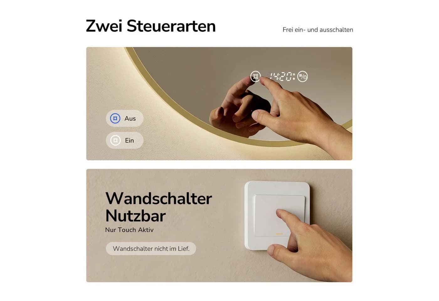 EMKE Badspiegel Rund Gold Gebürstet Mit Beleuchtung Touchschalter - Bild 5