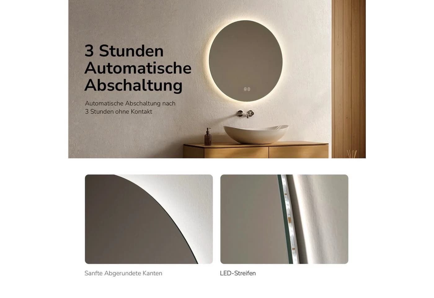 EMKE LED Badspiegel Rund mit Beleuchtung, Dimmbar, Touchschalter - Bild 3