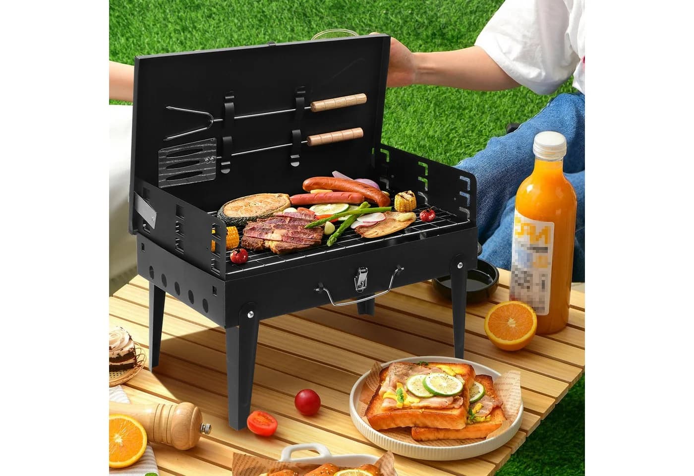 LALAHO Tragbarer Holzkohlegrill mit Deckel, Klappgrill für Camping - Bild 5