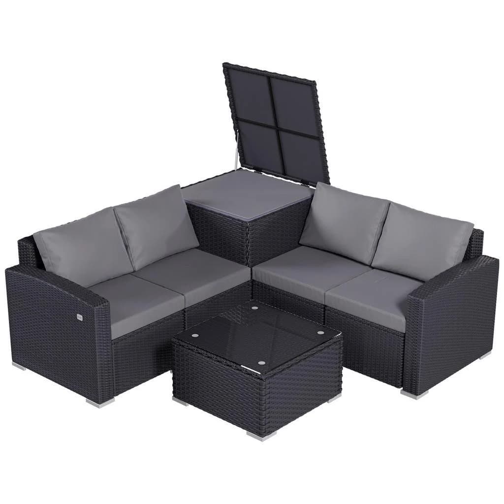 Homavo Gartenlounge-Set 4-tlg. Schwarz mit Glastisch & Aufbewahrungsbox