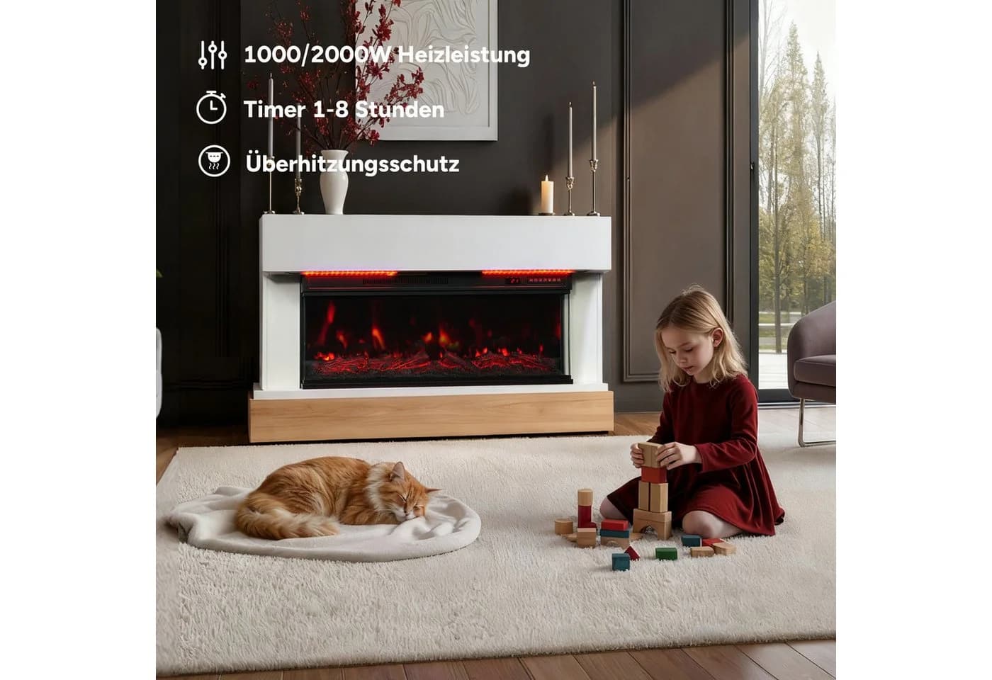 HOMAVO Elektrokamin mit Schrank, 3D-Flammeneffekt, LED-Leiste, Fernbedienung