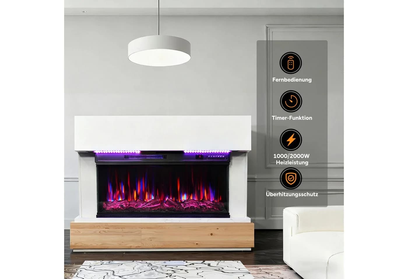 HOMAVO Elektrokamin mit Schrank, 3D-Flammeneffekt, LED-Leiste, Fernbedienung - Bild 5