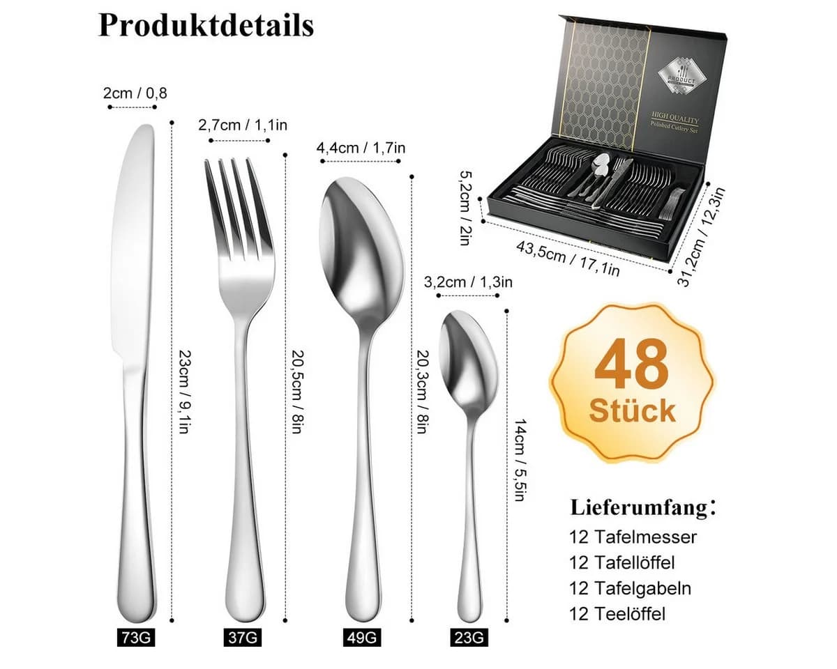 Simloveve Besteck-Set 48-teilig Edelstahl Silber für 12 Personen - Bild 4