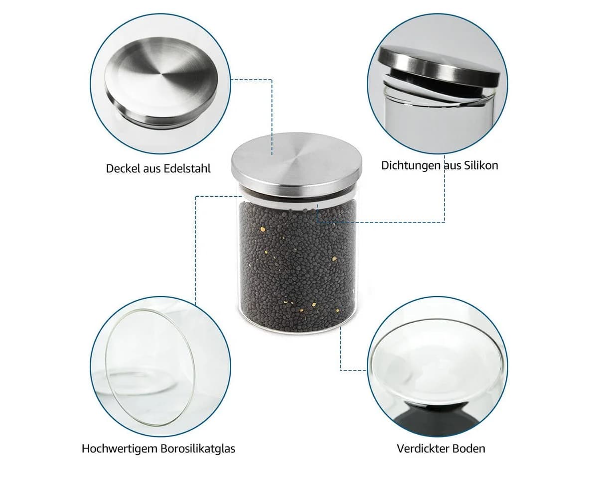 Simloveve Vorratsglas-Set 5-tlg. Borsilikatglas mit Edelstahlabdeckung