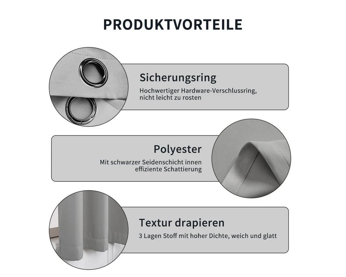 Simloveve Verdunkelungsvorhang Grau Schwarz 2er Set Ösen - Bild 3
