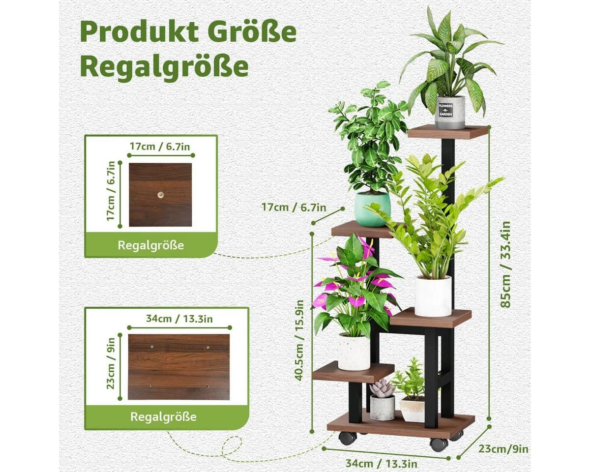 Simloveve Blumenständer mit 4 Rollen Holz Metall Pflanzentreppe