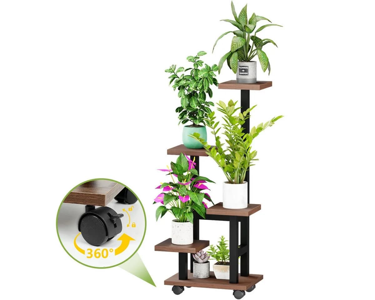Simloveve Blumenständer mit 4 Rollen Holz Metall Pflanzentreppe - Bild 2