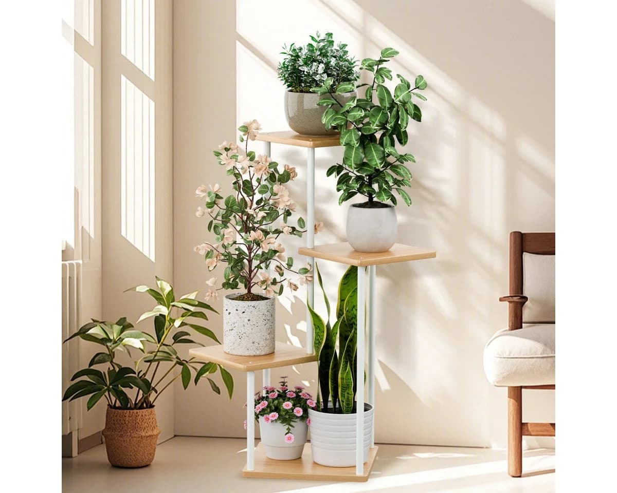Simloveve Blumenständer 4 Etagen Weiß Holz Metall Pflanzenregal