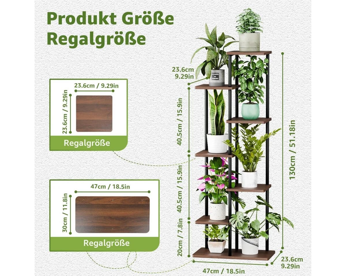Simloveve 7-stufiger Blumenständer Braun Metall Holz Pflanzenregal