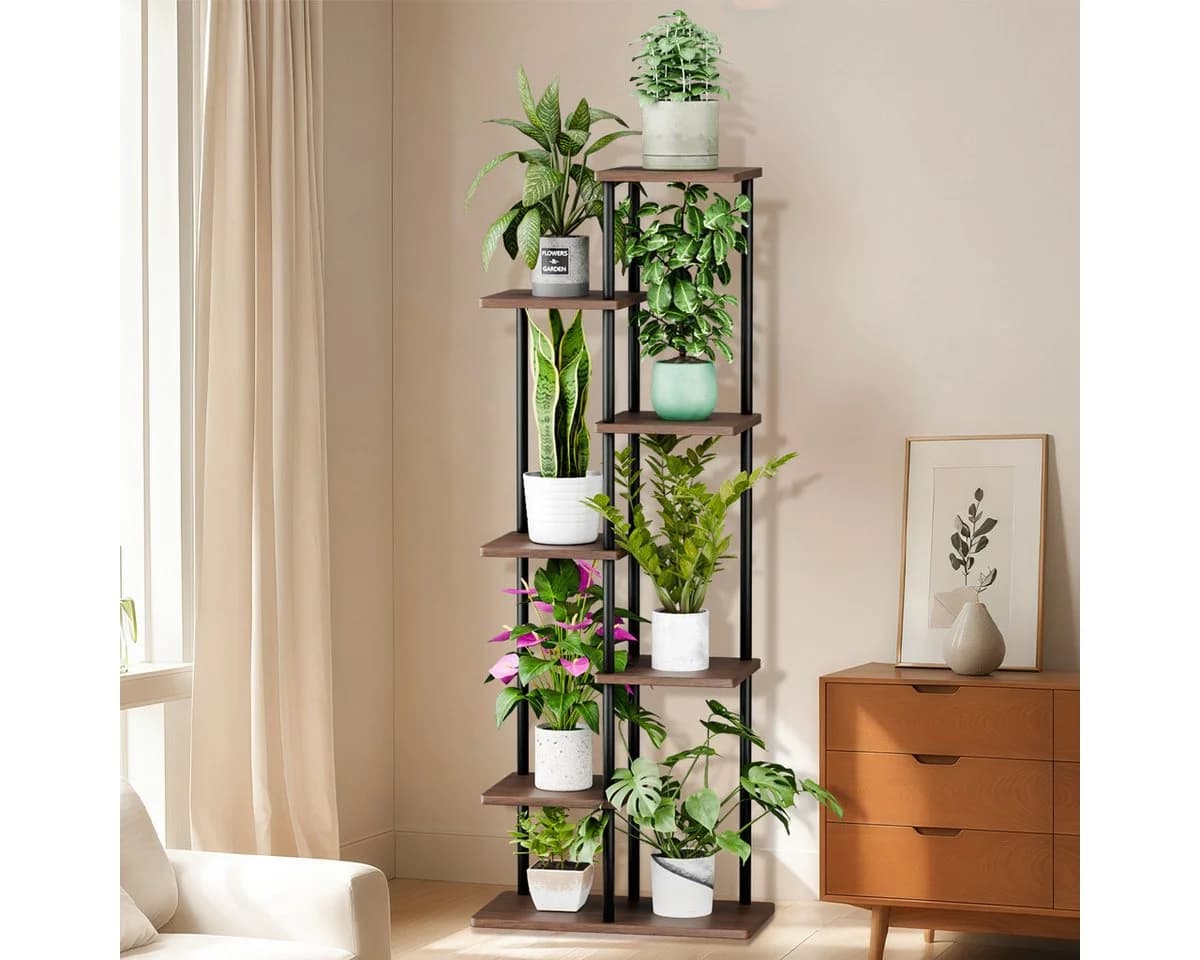 Simloveve 7-stufiger Blumenständer Braun Metall Holz Pflanzenregal - Bild 2