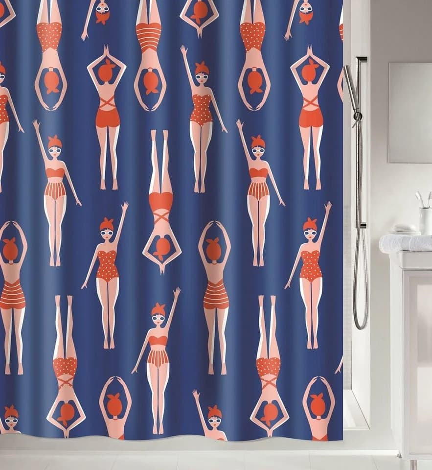 spirella Duschvorhang BAIGNEUSES 120 cm Premium Textil-Duschvorhang Blau/Rot Retro-Motiv - Bild 2