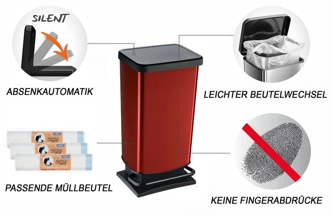 ROTHO Mülleimer Paso 40l mit Pedal und Deckel metallic rot - Bild 4