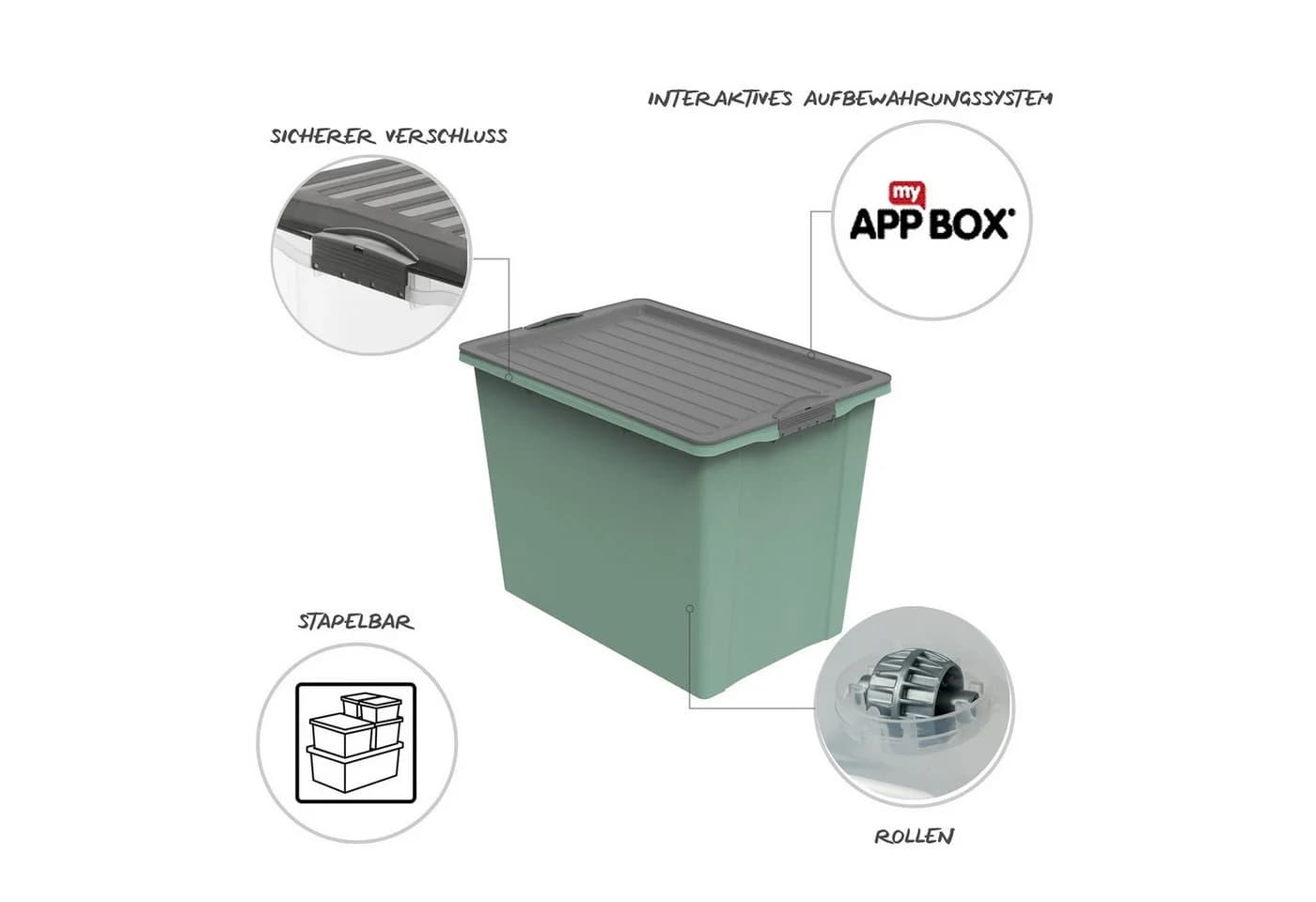 ROTHO Aufbewahrungsbox COMPACT 70l stapelbar mit Deckel und Rollen Grün - Bild 3