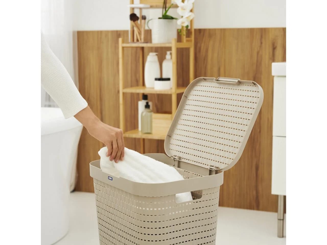 ROTHO Wäschekorb Country 55l mit Deckel und Tragegriffen Braun - Bild 5