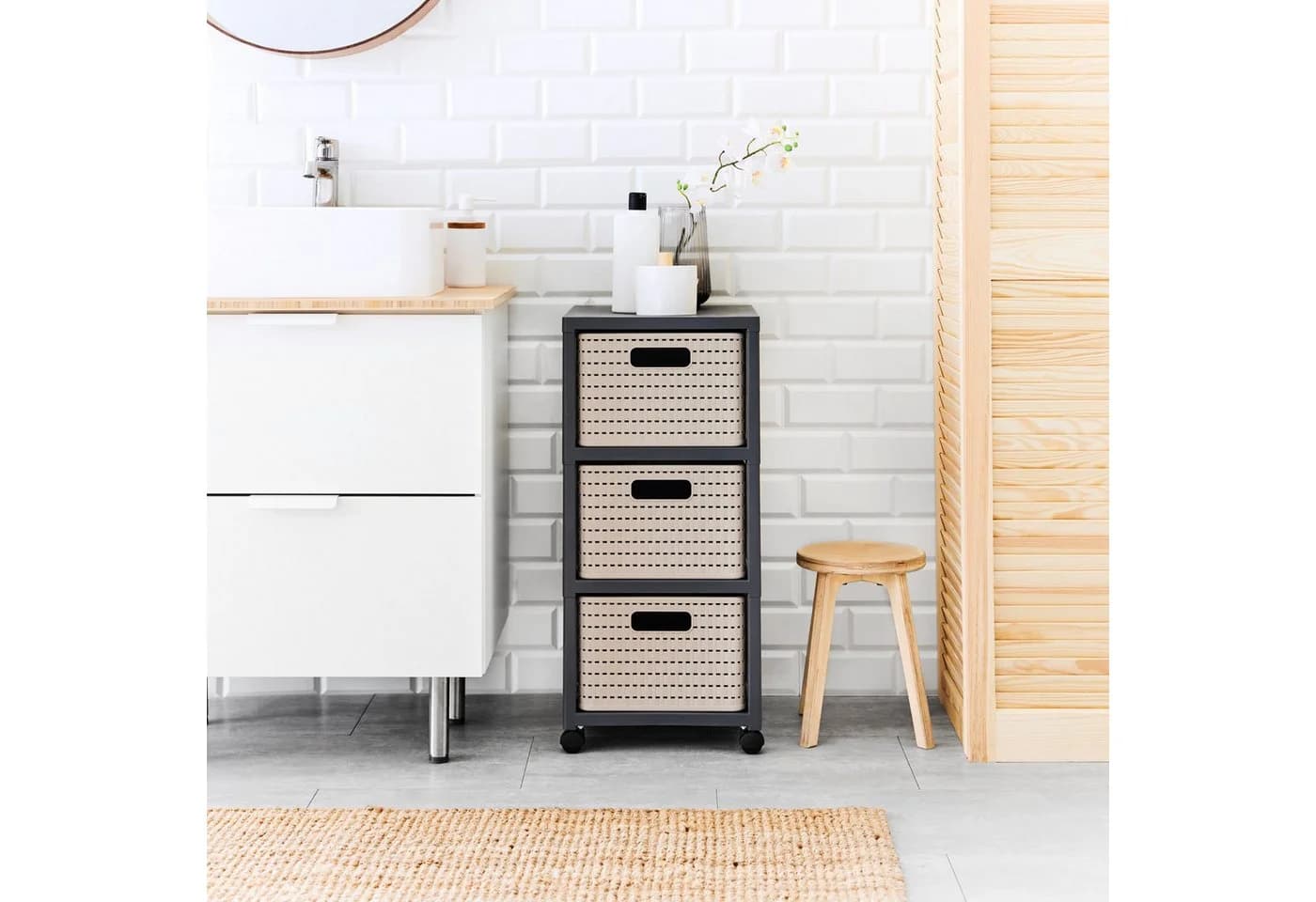 ROTHO Aufbewahrungsbox Country Rollcontainer 3 Schubladen Rattan-Optik