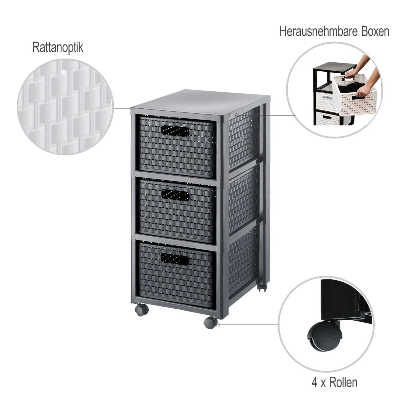 ROTHO Aufbewahrungsbox Country Rollcontainer 3 Schubladen Grau Rattan-Optik - Bild 3