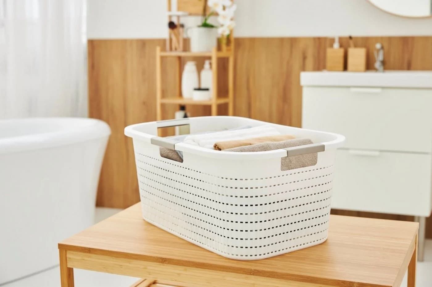 ROTHO Wäschekorb 40L COUNTRY Weiß Kunststoff mit Rattan-Optik