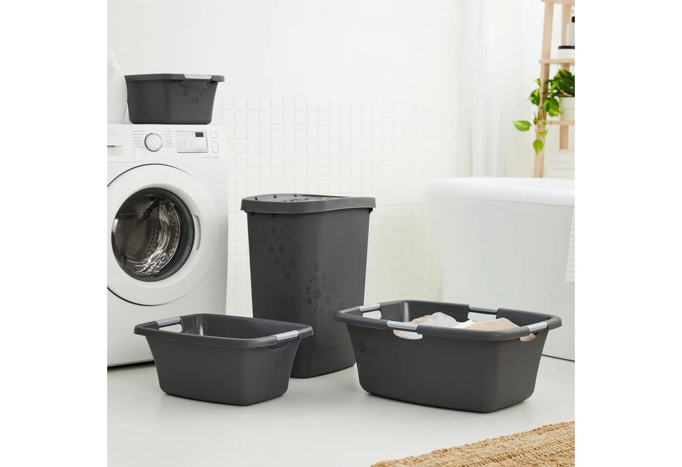 ROTHO Wäschekorb Flowers 50l Grau Kunststoff mit 4 Griffen - Bild 4