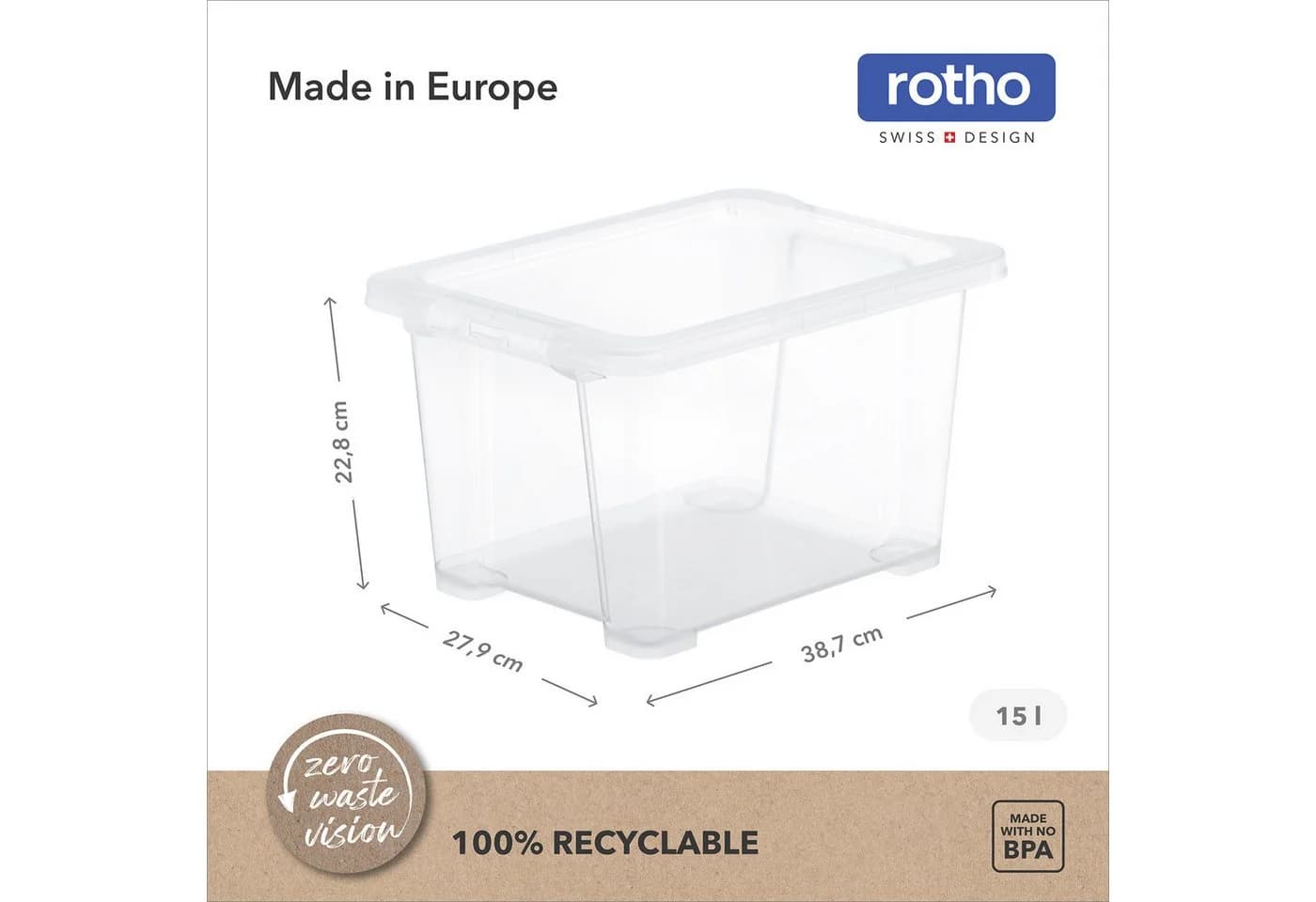 ROTHO CORE BASIC Aufbewahrungsbox 15L 4er-Set Transparent Stapelbar - Bild 3