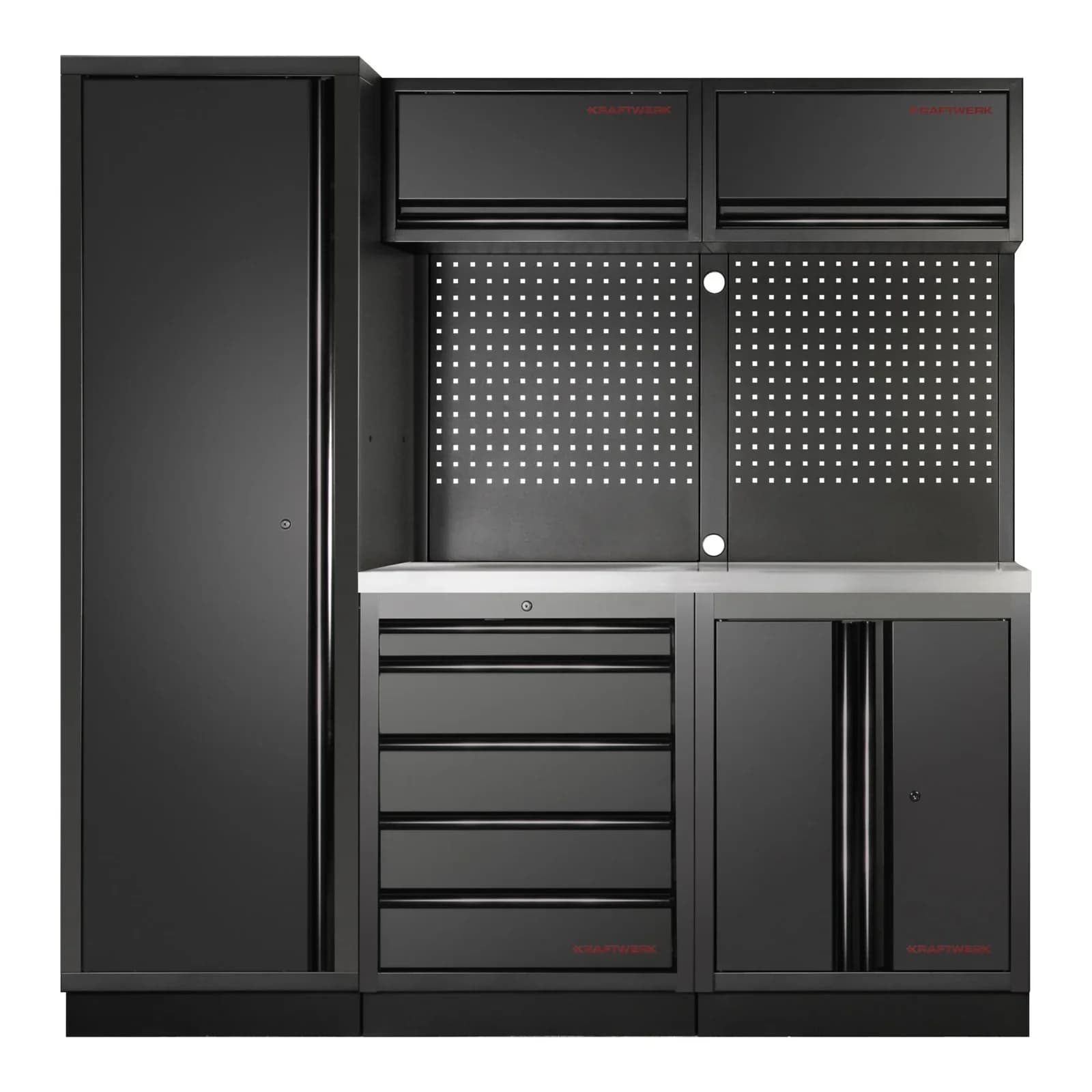 Kraftwerk 3-Element-Schrankwand Schwarz mit INOX-Arbeitsplatte & Lochwänden