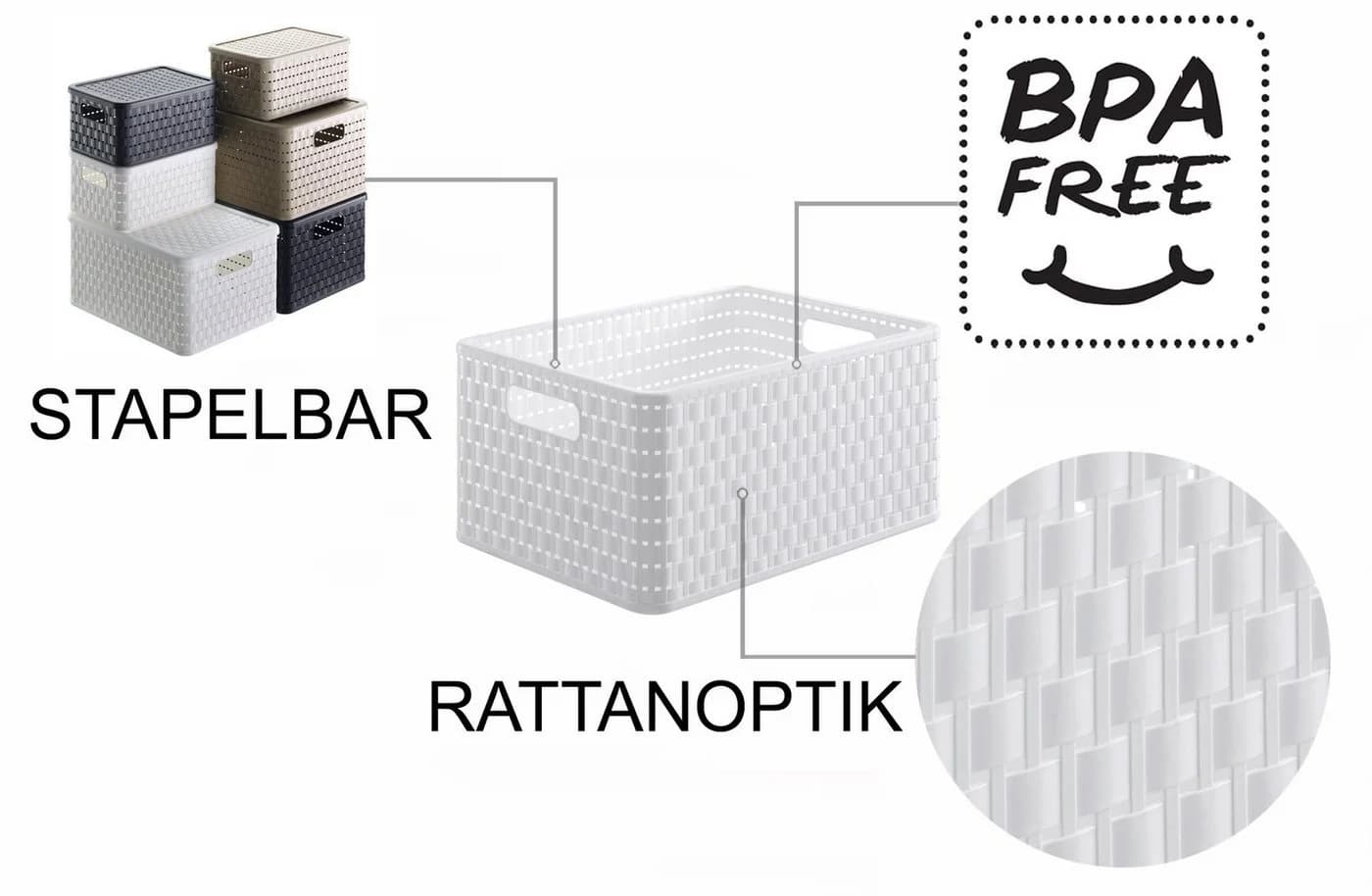 ROTHO Aufbewahrungsbox 3er-Set Country Weiß Rattan-Optik
