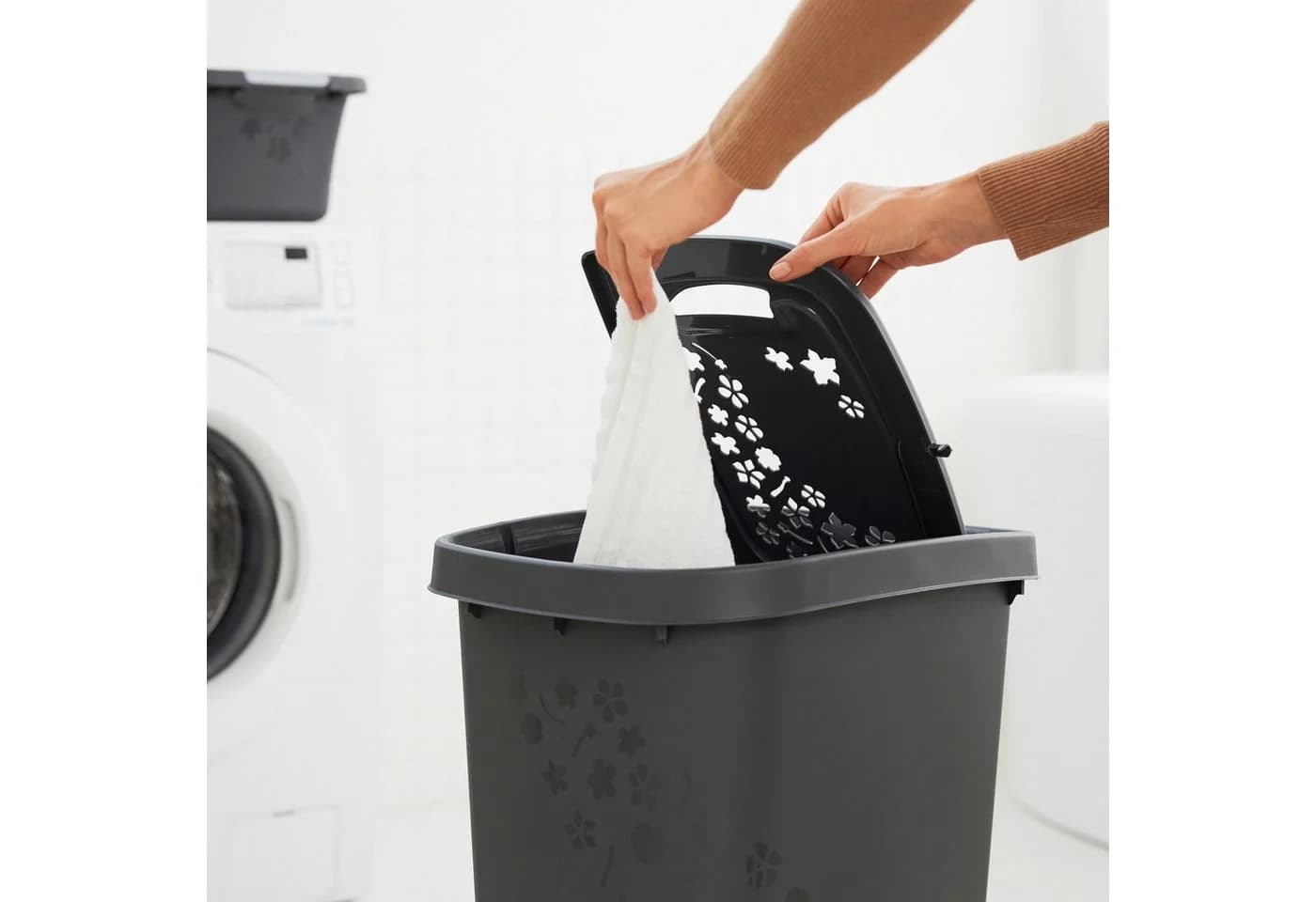ROTHO Wäschekorb Flowers 2er-Set Schwarz Kunststoff 55l