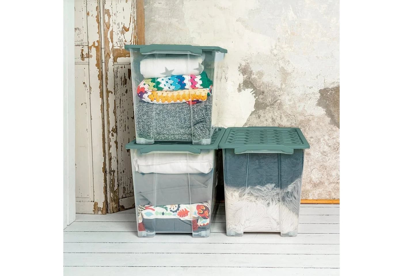 ROTHO Aufbewahrungsbox Evo Safe Keeping 3er-Set 65l Grün mit Deckel und Rädern