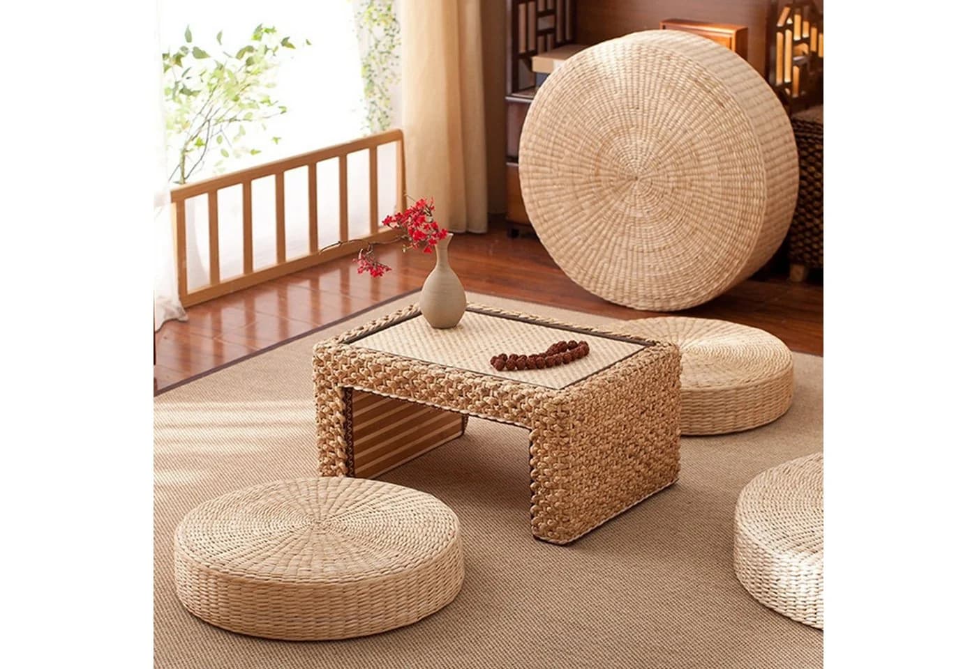 Rutaqian Bodenkissen Tatami 40 cm rund Stroh-Strickmatte