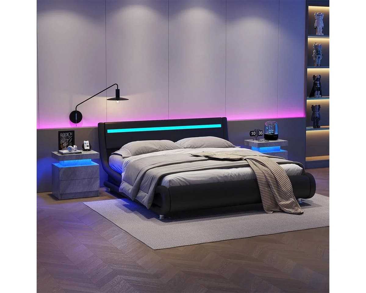 Rutaqian Nachttisch mit LED-Beleuchtung und 2 Schubladen Schwarz - Bild 3