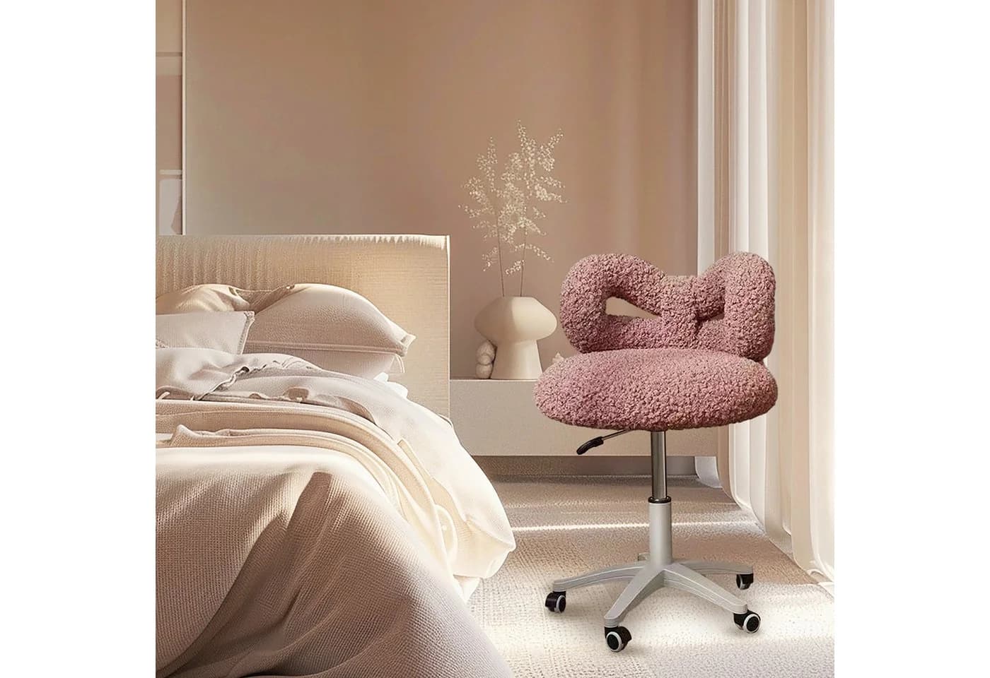 Rutaqian Drehbarer Schminkstuhl Rosa mit Höhenverstellung und Plüschbezug - Bild 3