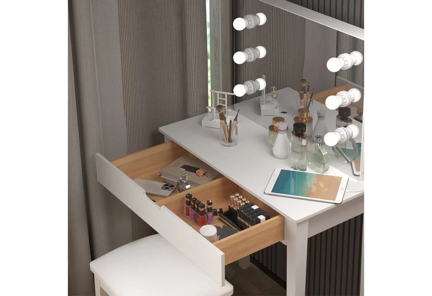 Rutaqian Schminktisch-Set mit LED-Spiegel und Hocker, Weiß - Bild 3