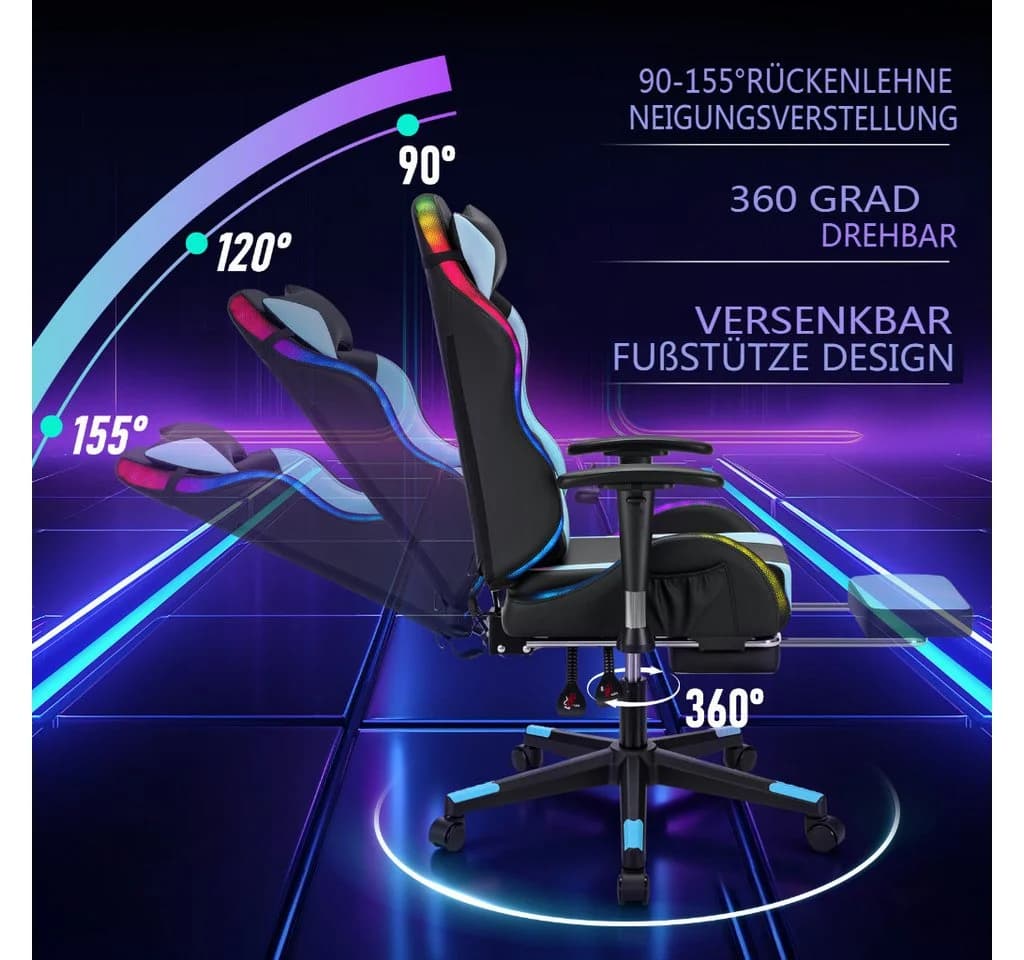 Hoffree Gaming-Stuhl Ergonomisch PC Gamer Stuhl, Schreibtischstuhl für Kinder Teenager (mit Fußstütze, Lendenstützkissen, Kopfstütze, 338 dynamische Lichteffekte), höhenverstellbar, bis 159kg - Bild 5