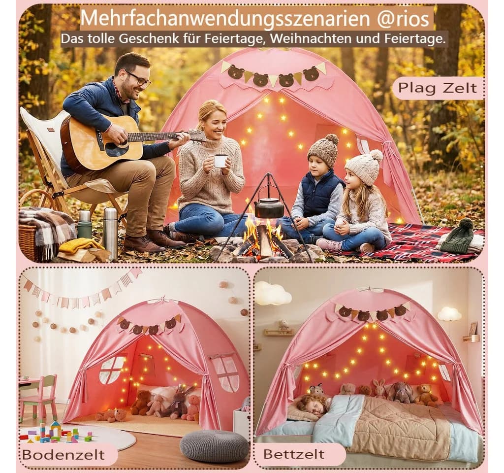 Insma Spielzelt 2 in 1 Kinder Spielhaus Bettzelt Schlosszelt mit Sternen-Lichterkette und Bären-Wimpelkette