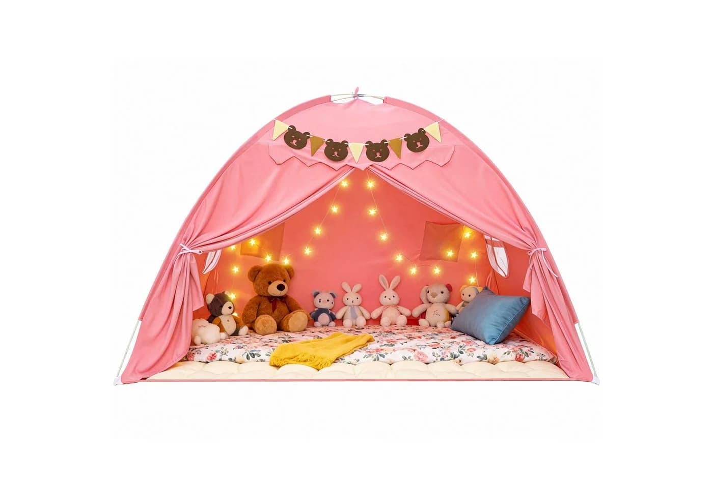 Insma Spielzelt 2 in 1 Kinder Spielhaus Bettzelt Schlosszelt mit Sternen-Lichterkette und Bären-Wimpelkette - Bild 2