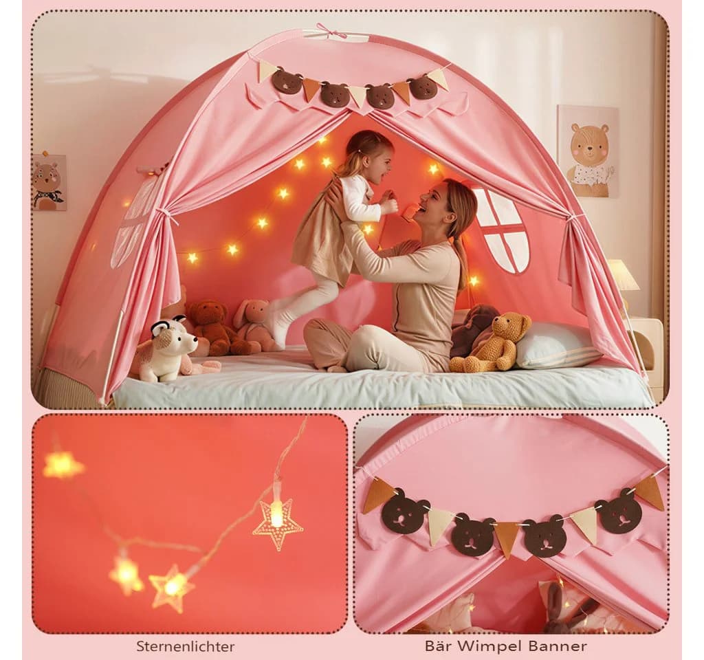 Insma Spielzelt 2 in 1 Kinder Spielhaus Bettzelt Schlosszelt mit Sternen-Lichterkette und Bären-Wimpelkette - Bild 3