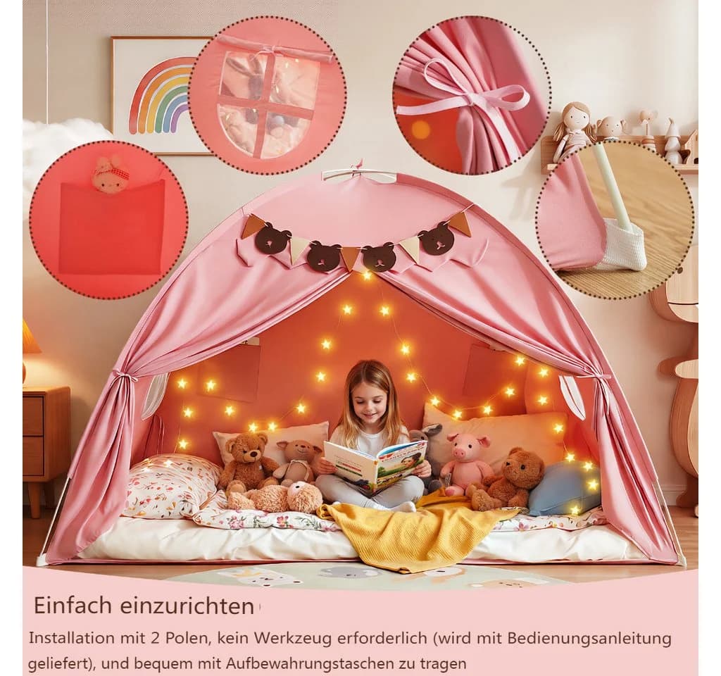 Insma Spielzelt 2 in 1 Kinder Spielhaus Bettzelt Schlosszelt mit Sternen-Lichterkette und Bären-Wimpelkette - Bild 4