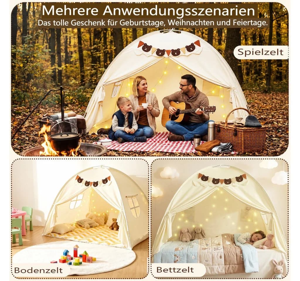 Insma Spielzelt 2 IN 1 Kinder Spielhaus Bettzelt Schlosszelt mit Sternen-Lichterkette und Bären-Wimpelkette